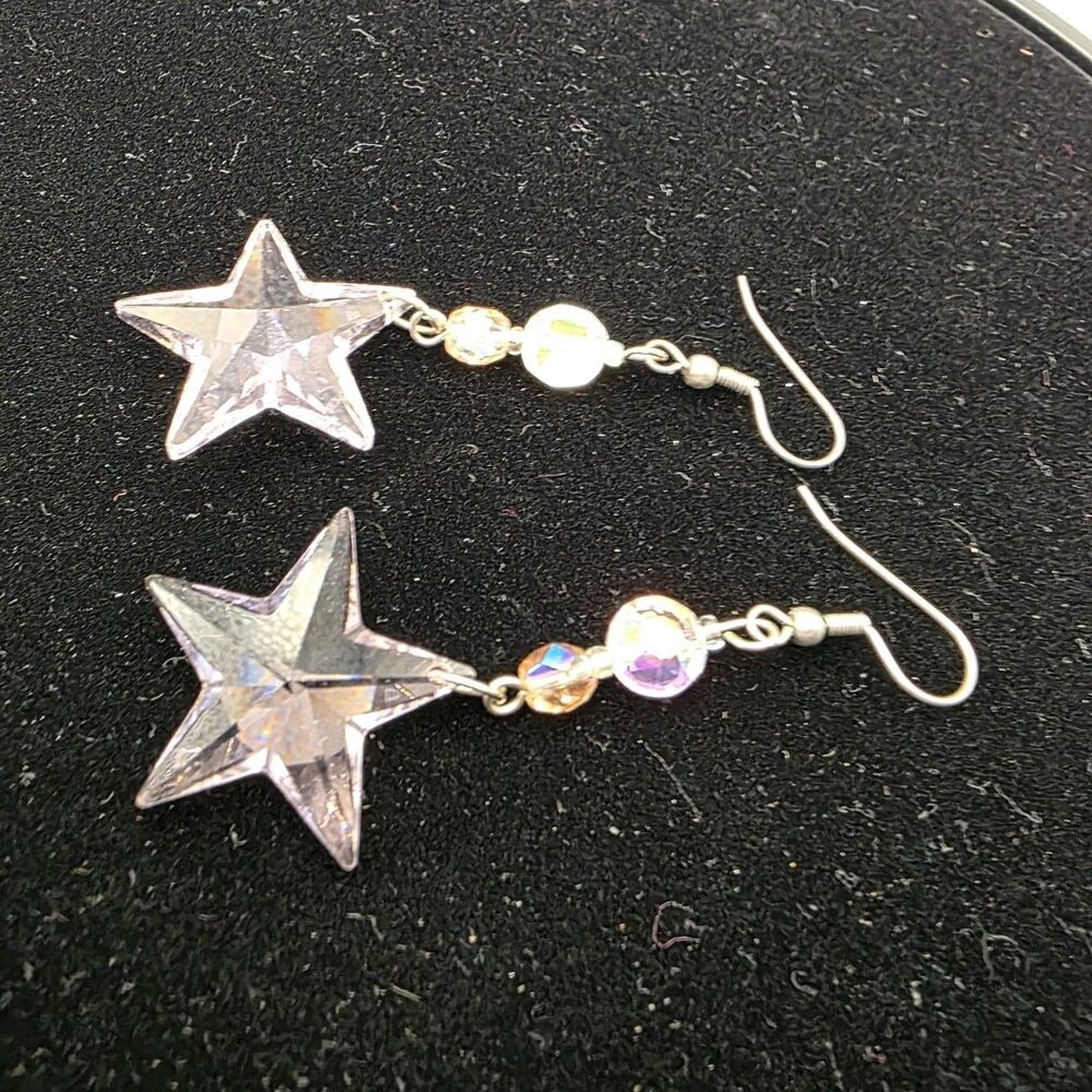 Blush Pink Crystal Star Dangle Drop Hook Earrings Silver Tone 3in Celestial